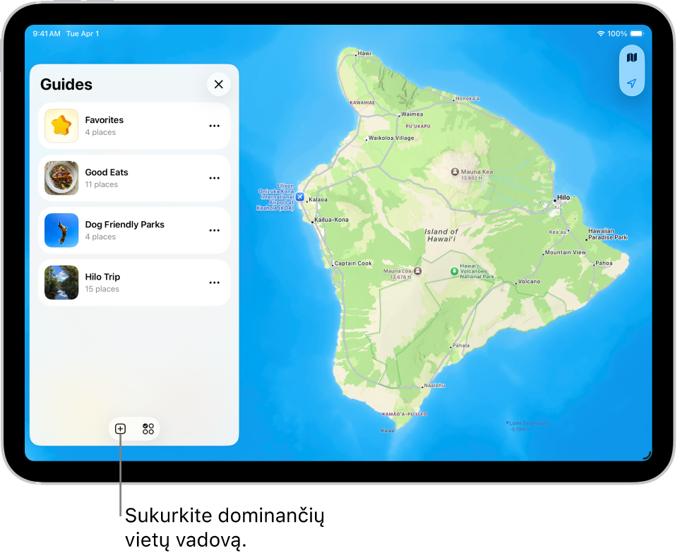 Pasirinktinis vadovas, sukurtas naudojant „iPad“ programą „Žemėlapiai“: kairėje rodomas vietų sąrašas, o dešinėje esančiame žemėlapyje pažymėtos jų vietos.