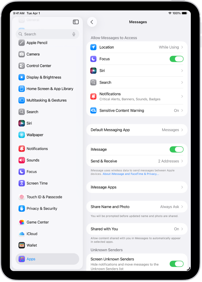 Programos „Žinutės“ nustatymų sritis, „iMessage“ yra įjungtas.