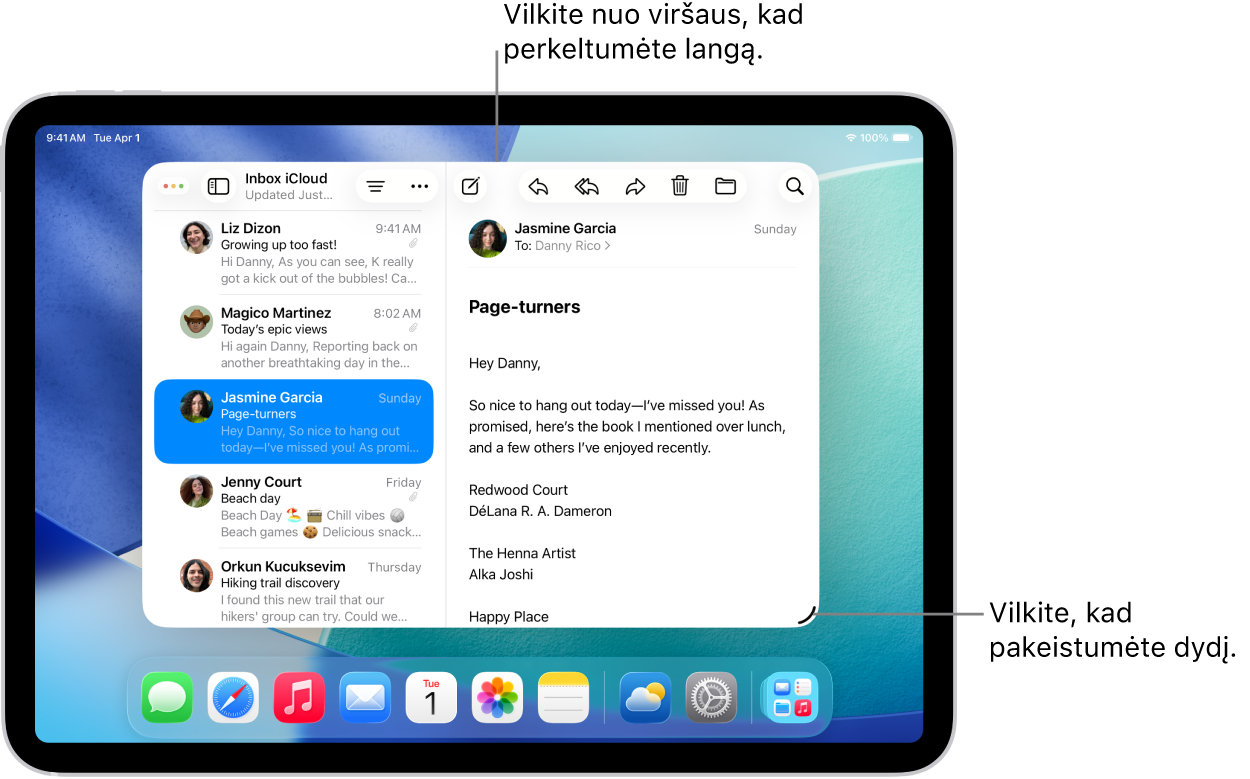 „iPad“ ekrane atidaryta atskirame lange veikianti programa su dydžio keitimo rankenėle apatiniame dešiniajame kampe ir daugiaprocesio režimo meniu viršutiniame kairiajame kampe