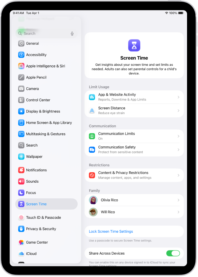 Ekrāns, lai iestatītu Screen Time, kur redzams, ka darba iesākšanai pieskaraties App & Website Activity.