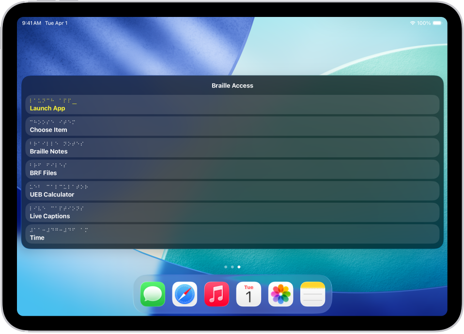 iPad ar atvērtu izvēlni Braille Access, kurā redzamas šādas opcijas: Launch App, Choose Item, Braille Notes, BRF Files, UEB Calculator, Live Captions un Time.