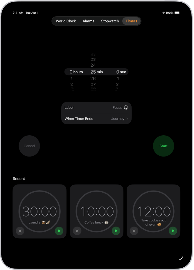 Cilnē Timers ir redzami iestatījumi taimera iestatīšanai. Zem taimera iestatījumiem ir nesen izveidotais taimeris. Apakšdaļā ir izkārtotas pogas World Clock, Alarm, Stopwatch un Timers.
