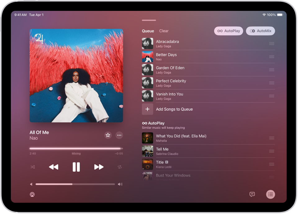 Skrin Kini Dimainkan menunjukkan baris gilir dengan Main Auto dan AutoMix diaktifkan. Lagu yang serupa kelihatan di bawah lagu dalam album.