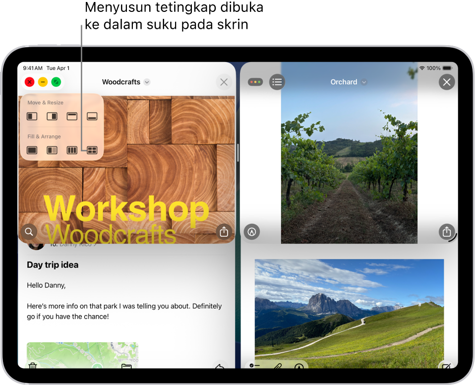 Skrin iPad dengan empat app terbuka dan tataletak tetingkap dipilih yang menyusunnya satu per empat pada skrin.