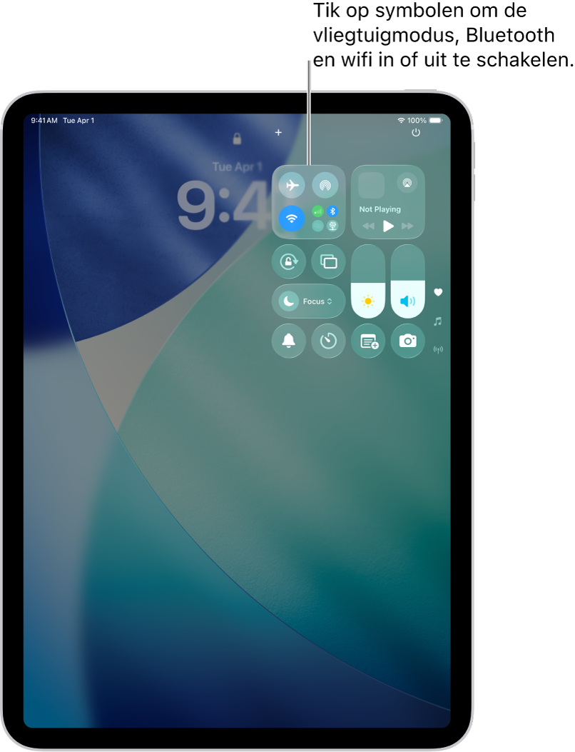 Het scherm van het bedieningspaneel waarop te zien is dat de vliegtuigmodus wordt ingeschakeld als je op de knop linksbovenin tikt.