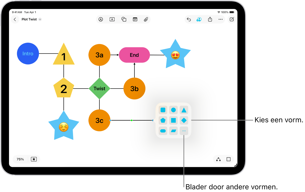 Een diagram op een Freeform-bord waaraan een nieuwe vorm is toegevoegd.