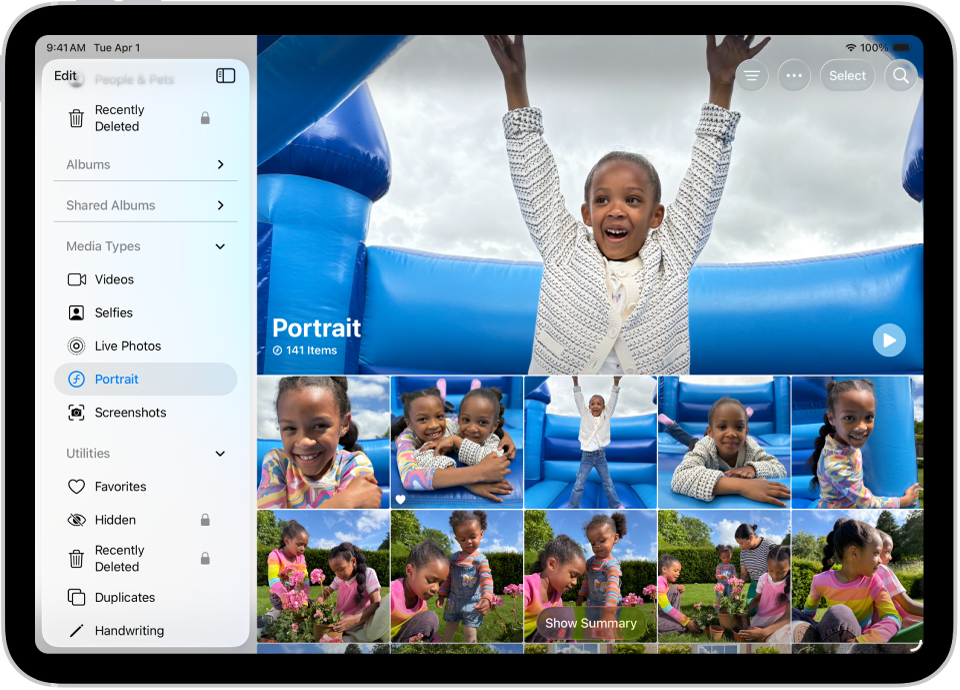 'Mediatypen' is geopend in de Foto's-app, met verzamelingen van video's, selfies, Live Photos, portretten en andere media.