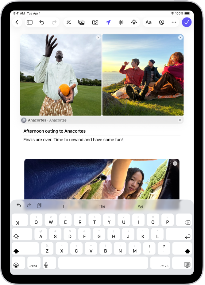Een scherm in de Dagboek-app met foto's en een notitie waaraan wordt gewerkt.