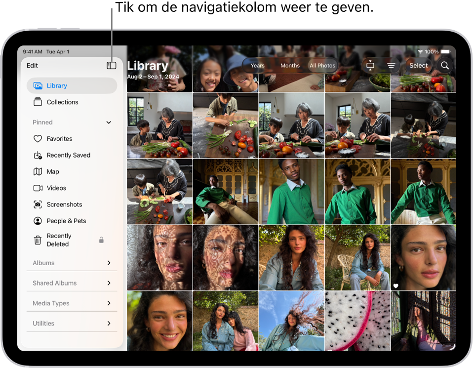De Foto's-app is geopend en in de navigatiekolom is de tab 'Bibliotheek' geselecteerd.