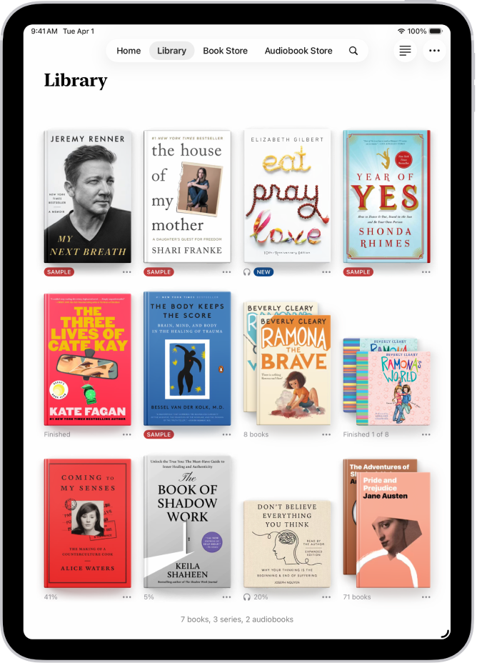 Het scherm 'Bibliotheek' in de Boeken-app.