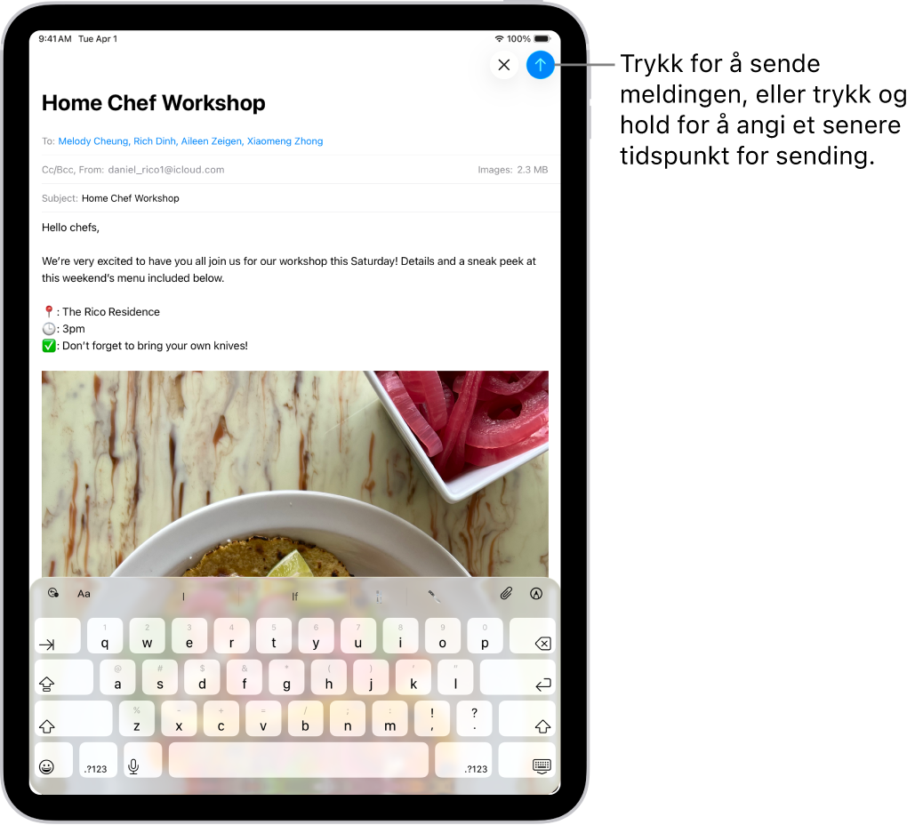 Et åpent e-postutkast i Mail-appen. Knappen for å sende meldingen er øverst til høyre. Trykk for å sende meldingen, eller trykk og hold for å planlegge et tidspunkt for sending.