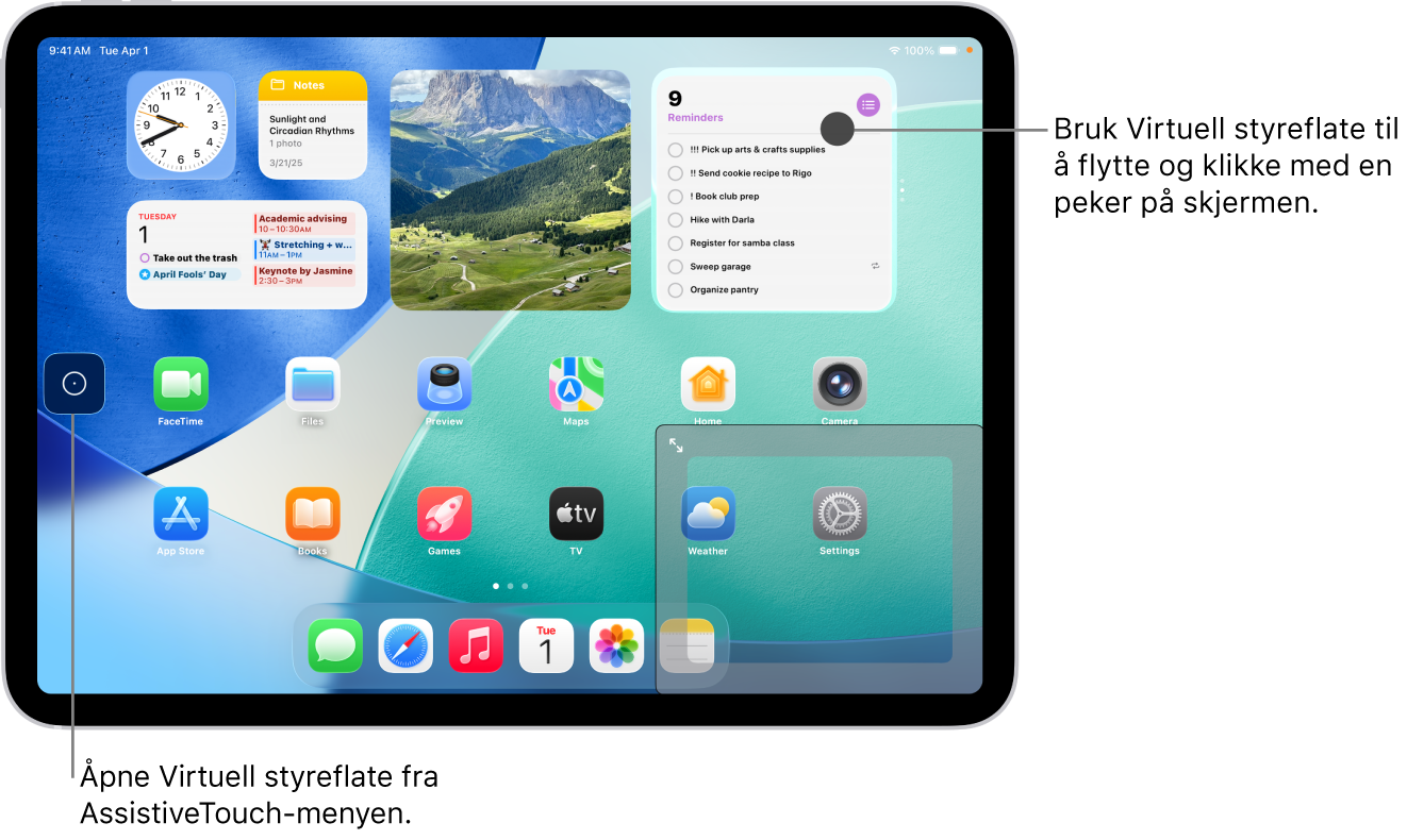 En iPad med en virtuell styreflate i et hjørne på skjermen. AssistiveTouch-menyen (som brukes til å åpne styreflaten) og pekeren (som styres av styreflaten) vises også på skjermen.