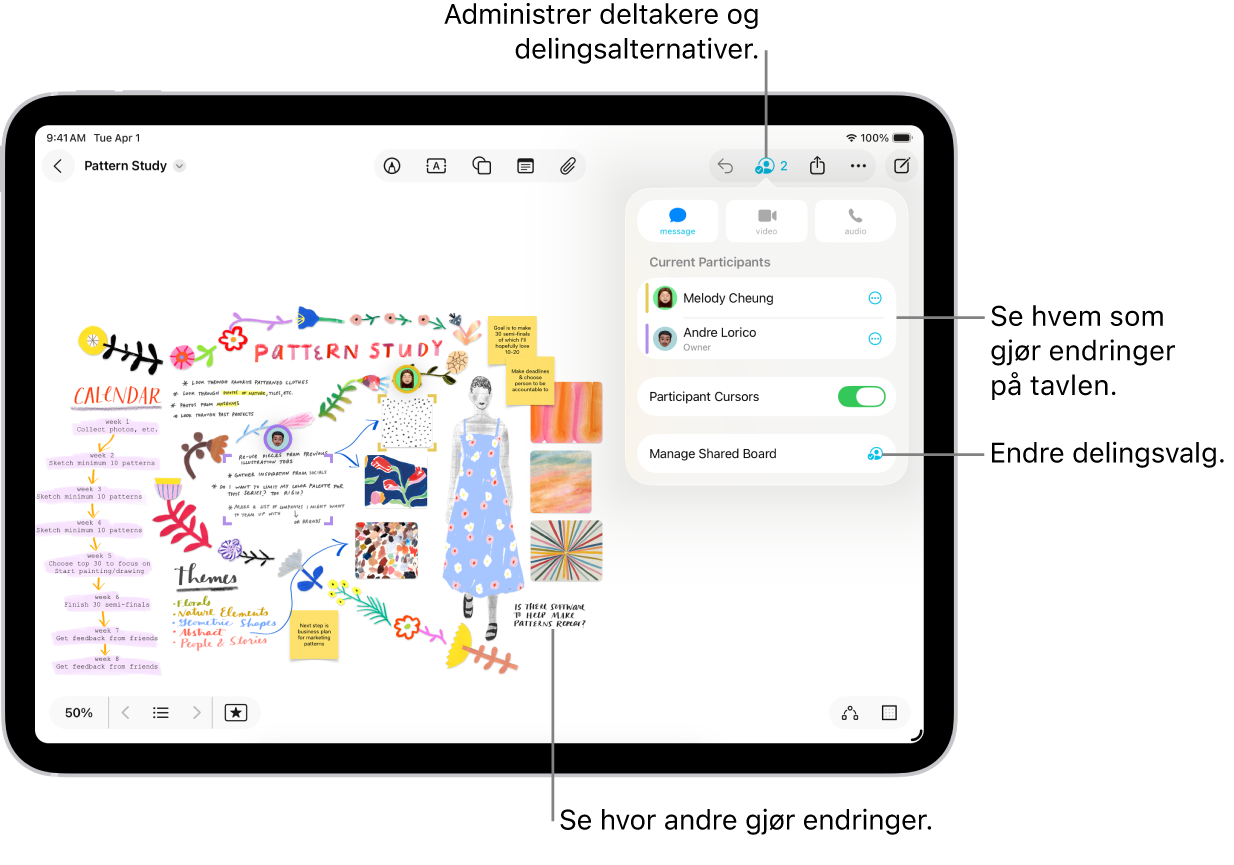 En delt Freeform-tavle på iPad med samarbeidsmenyen åpen, og en andre deltakeres posisjon på tavlen merket med fargede merker.