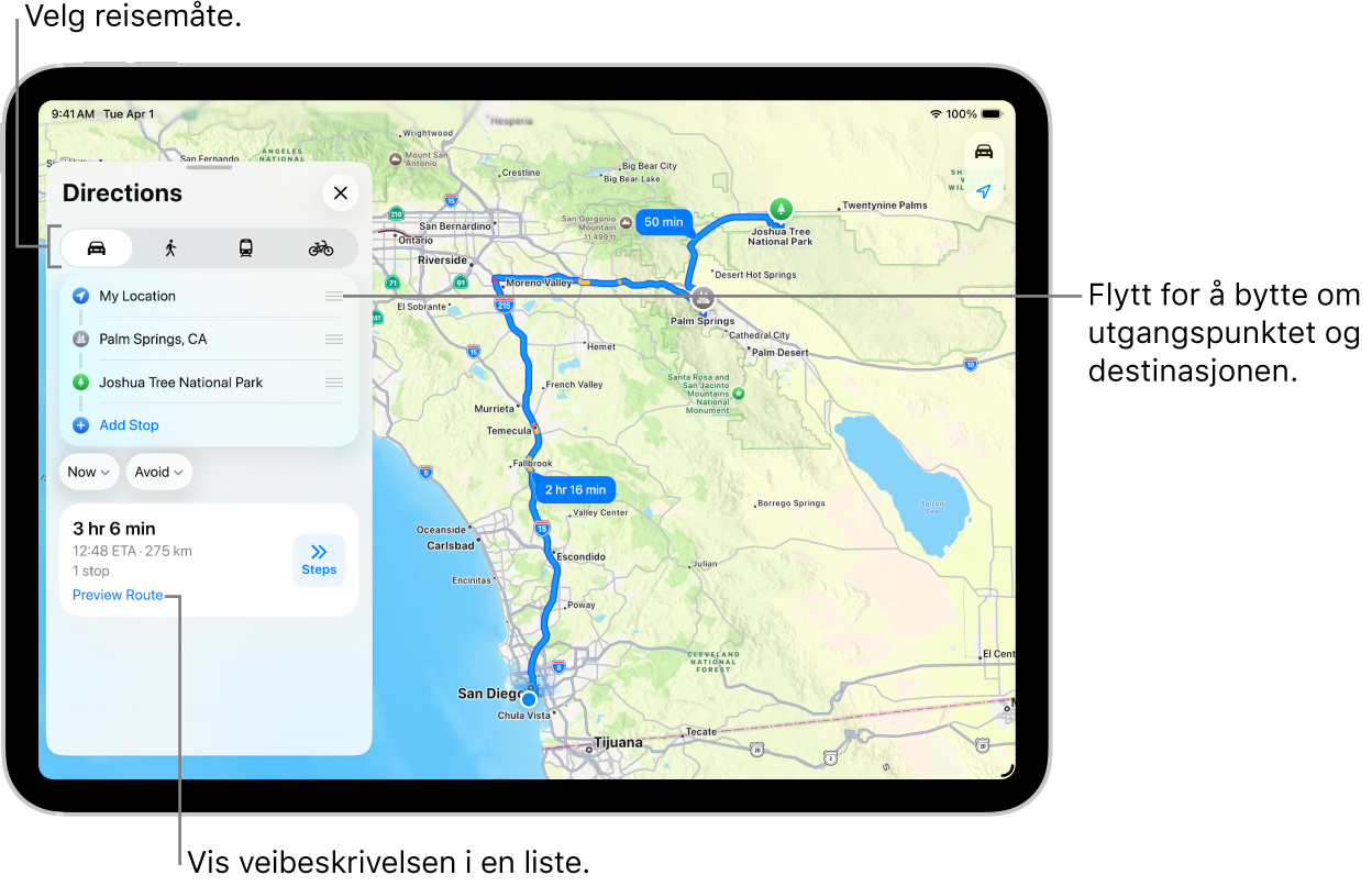 Et kart med flere ulike kjøreruter mellom Min posisjon og en destinasjon.