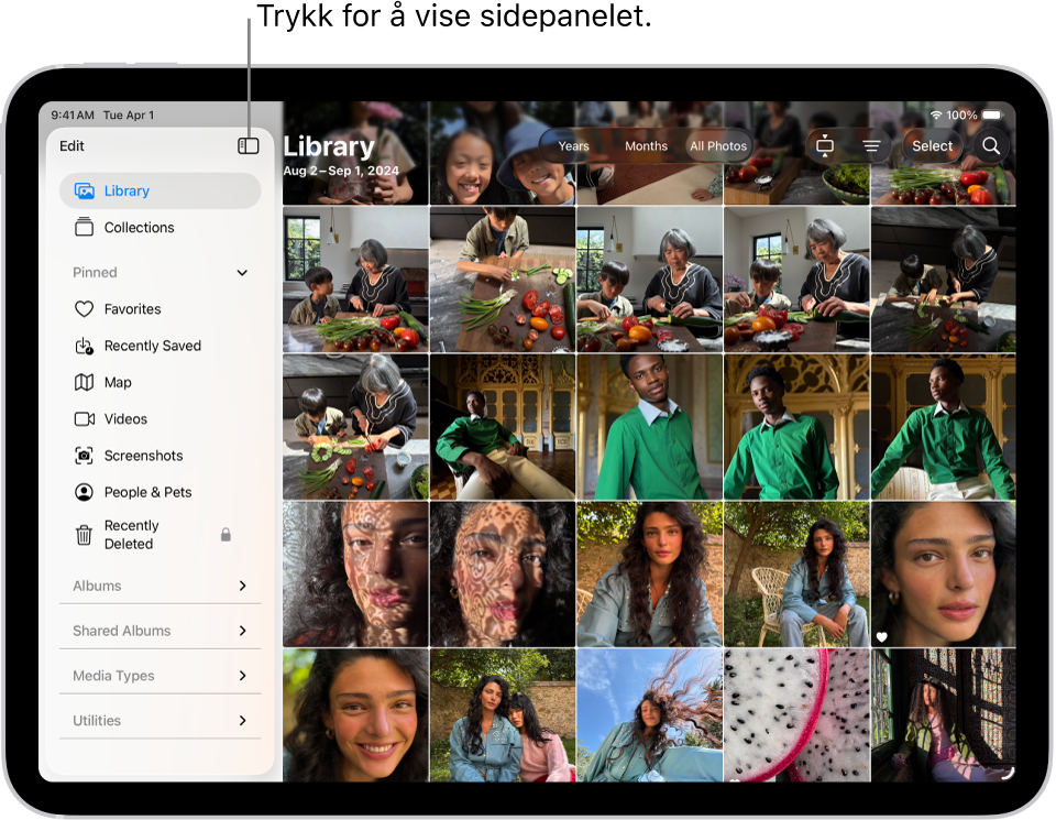 Bilder-appen er åpen, og Bibliotek-fanen er markert i sidepanelet.