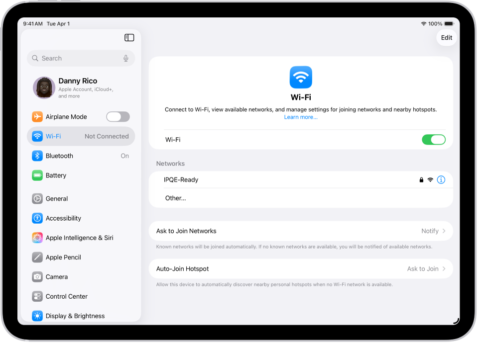 ସେଟିଂସ୍ ସ୍କ୍ରୀନ୍ ଉପଲବ୍ଧ ଥିବା Wi-Fi ନେଟ୍ଓ୍ବର୍କ୍ ଦେଖାଉଛି।
