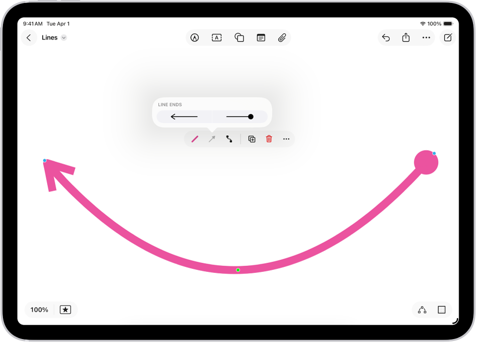 ଆକୃତି ଏବଂ ଆର୍କ୍ ପରିବର୍ତ୍ତନ କରିବା ପାଇଁ ନୀଳ ଏବଂ ସବୁଜ ବିନ୍ଦୁ ଥିବା ଏକ Freeform ବୋର୍ଡ୍ରେ ଏକ ସଂଯୋଗ ଲାଇନ୍।