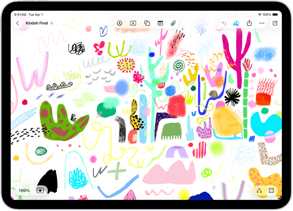 ਇੱਕ iPad ਜਿਸ ਵਿੱਚ Freeform ਬੋਰਡ ਹੈ, ਜਿਸ ਵਿੱਚ ਹੱਥ ਲਿਖਤ ਅਤੇ ਡਰਾਇੰਗਾਂ ਸ਼ਾਮਲ ਹਨ।