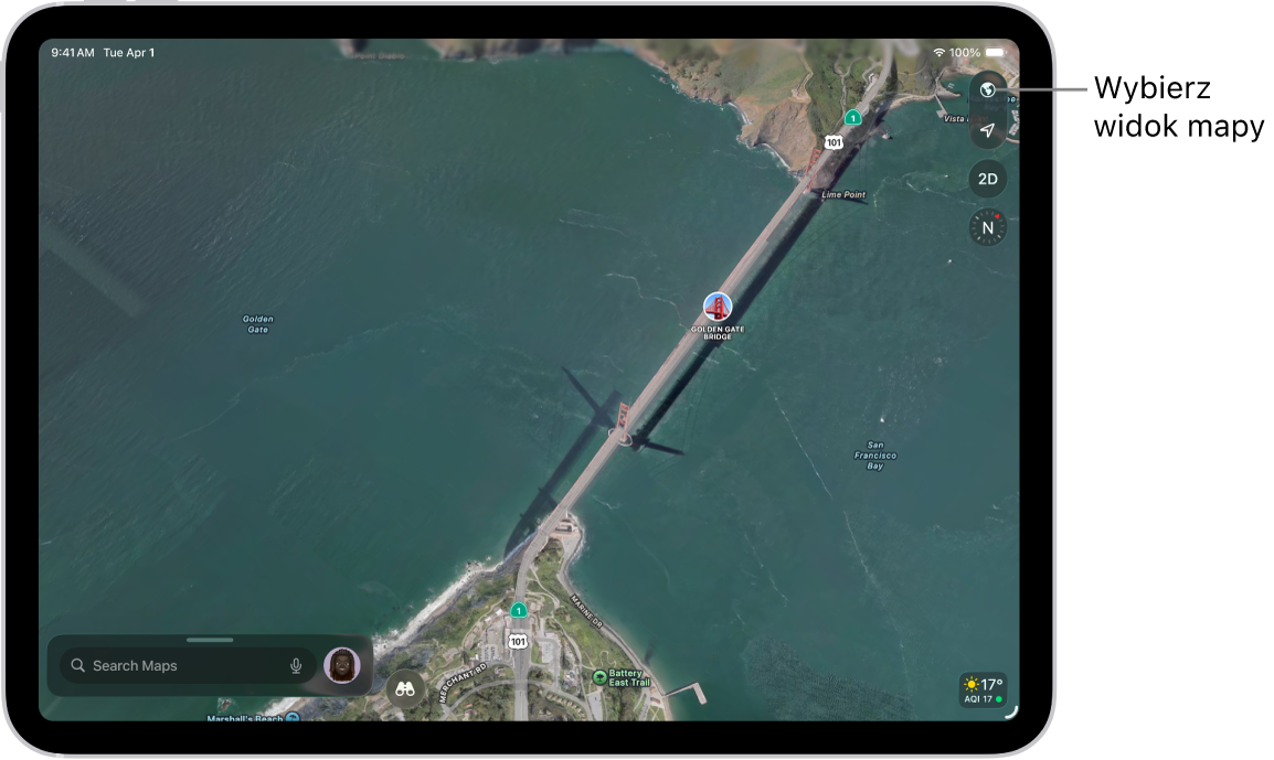 Mapa parku i ulic, przedstawiająca drzewa, ważne miejsca oraz między innymi ścieżki i punkty widokowe.