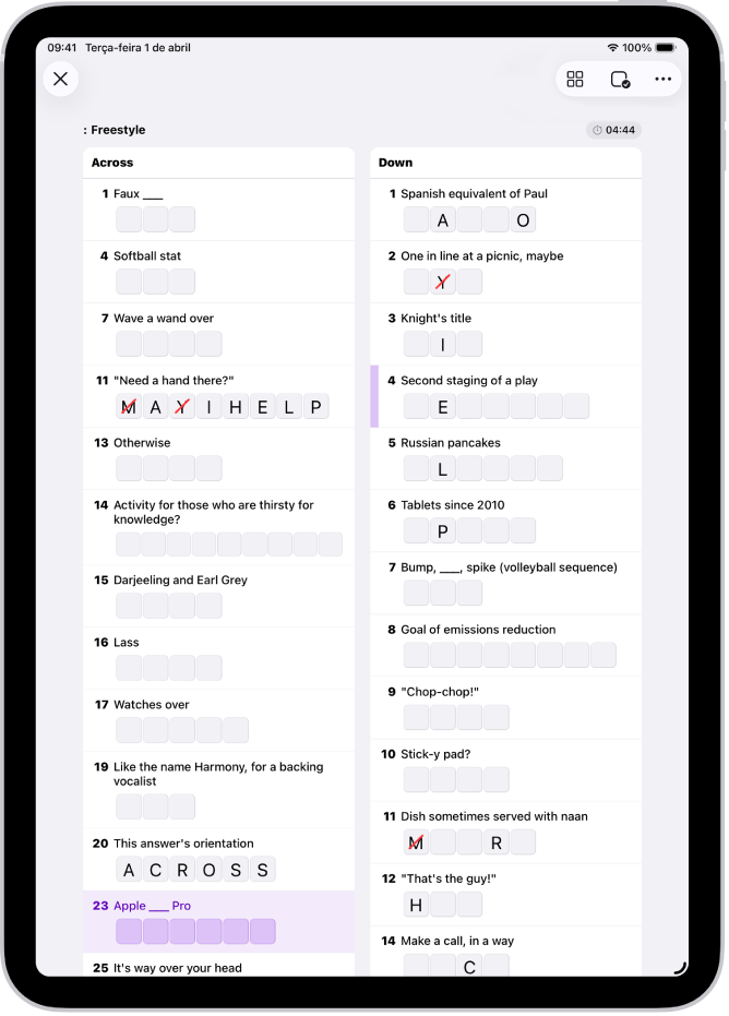 Um puzzle de palavras cruzadas parcialmente preenchido na visualização por lista.