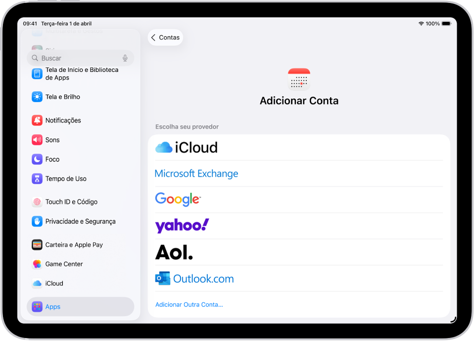 Os ajustes de adição de conta de calendário mostrando vários provedores de calendário.