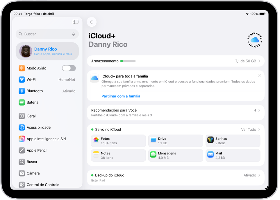 Tela dos ajustes do iCloud mostrando o medidor de armazenamento e uma lista de recursos, incluindo Fotos, iCloud Drive e Backup do iCloud, que podem ser usados com o iCloud.