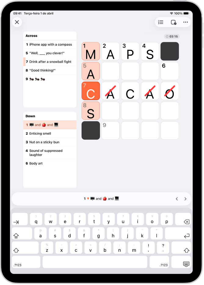 Um mini puzzle de palavras cruzadas parcialmente preenchido, com dicas de um lado.