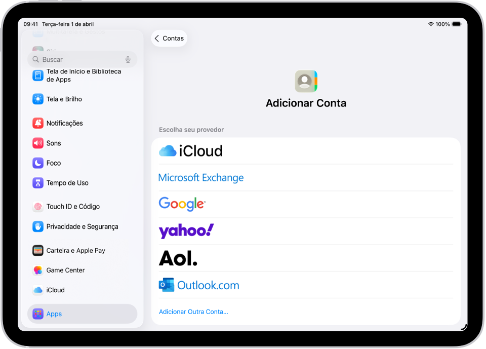 A tela Adicionar Conta mostrando vários serviços de contato.