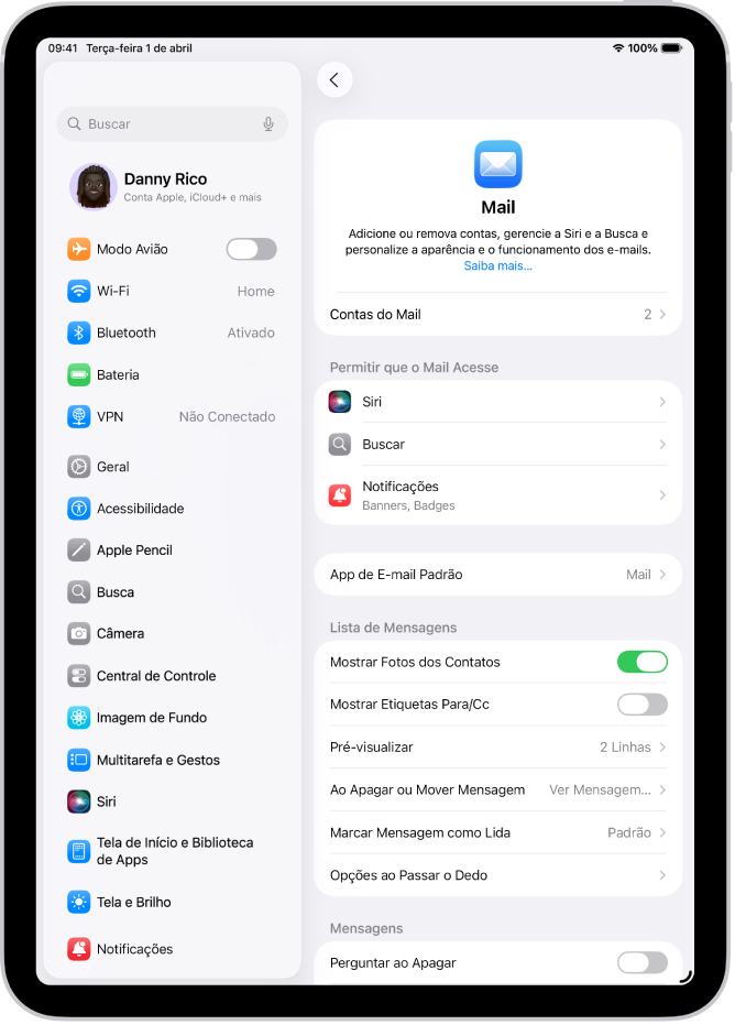 Tela de ajustes do Mail.
