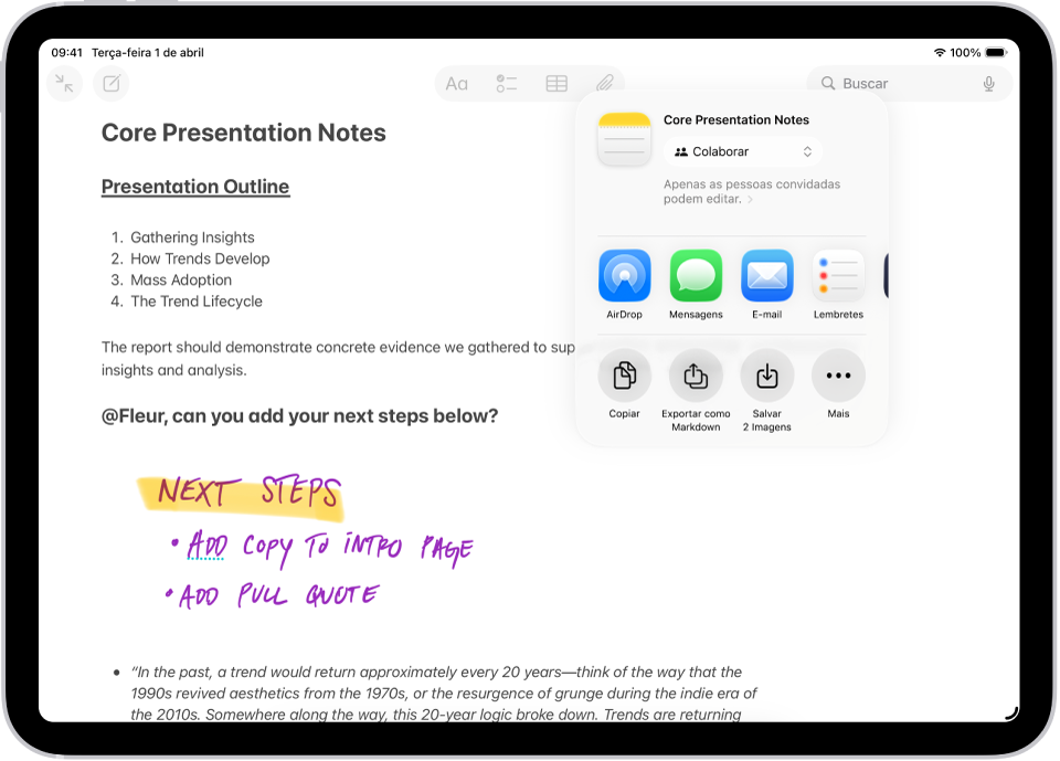 Nota com uma sobreposição mostrando opções de compartilhamento.