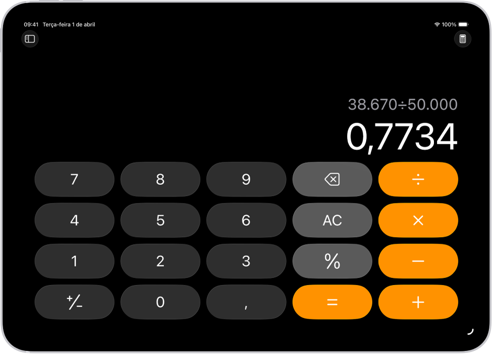 Calculadora básica no iPad.