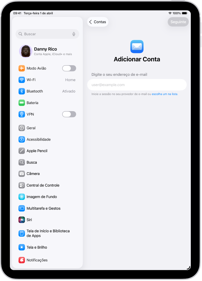 Tela Adicionar Conta mostrando um campo para inserir o endereço de e-mail.
