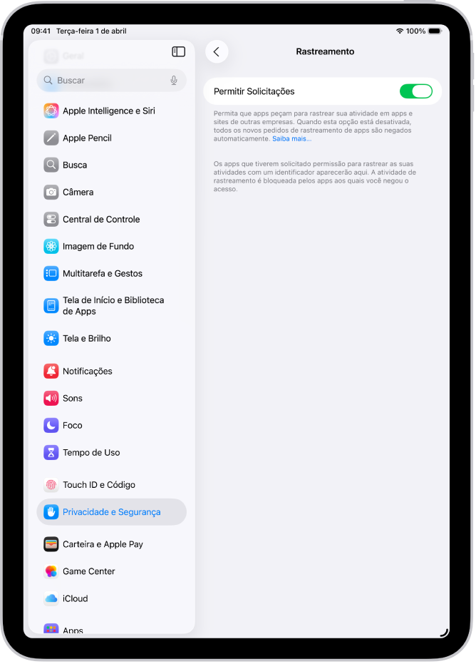 Tela Rastreamento, com ajuste para controlar se os apps podem pedir para rastrear você em sites ou apps de outras empresas.