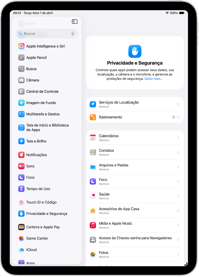 A tela “Privacidade e Segurança” com ajustes para “Serviços de Localização” e Rastreamento, e ajustes para controlar quais apps podem acessar dados.