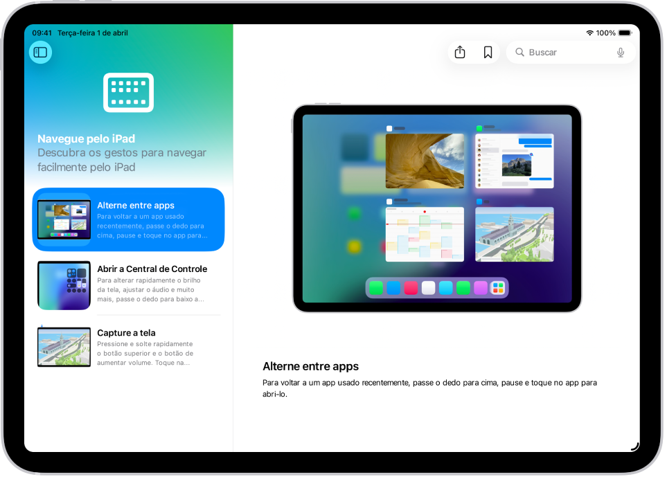 Tela Explorar mostrando uma coleção do app Dicas na barra lateral à esquerda e uma dica selecionada aberta à direita.