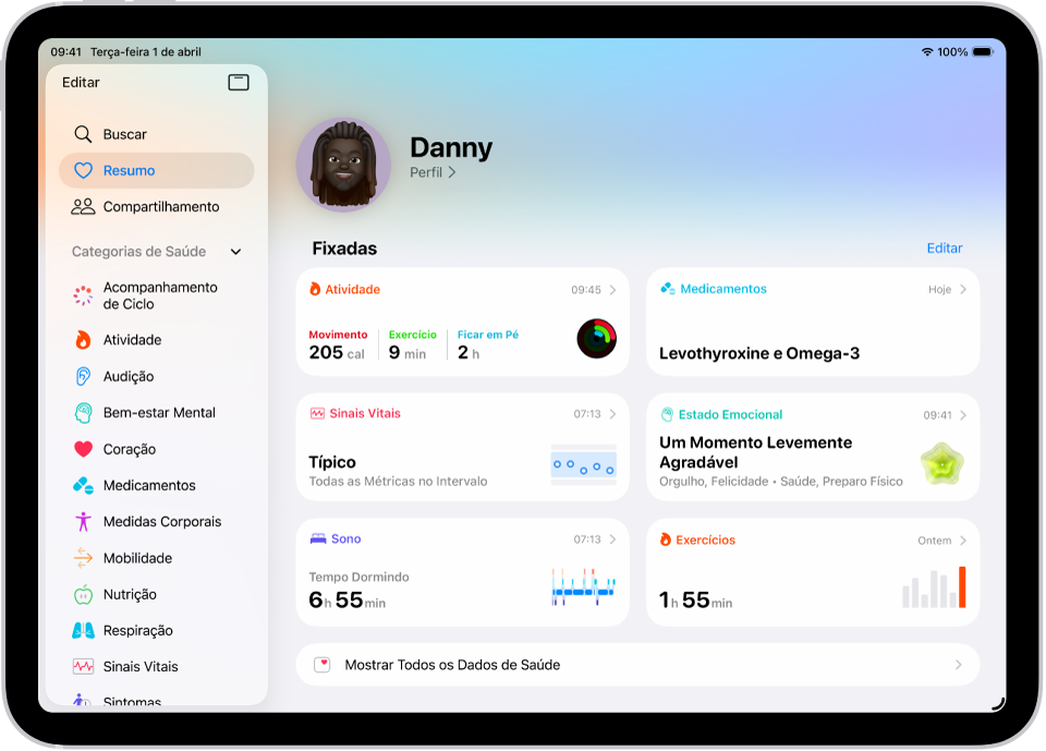 Tela Resumo no app Saúde. Informações sobre atividades, medicamentos, sinais vitais, estado emocional, sono, frequência cardíaca e exercícios aparecem na seção Fixadas.