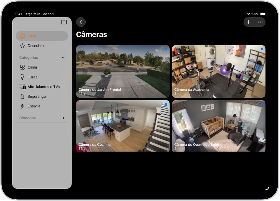 App Casa com a barra lateral à esquerda. Casa está destacado. À direita, imagens de cinco câmeras de segurança.