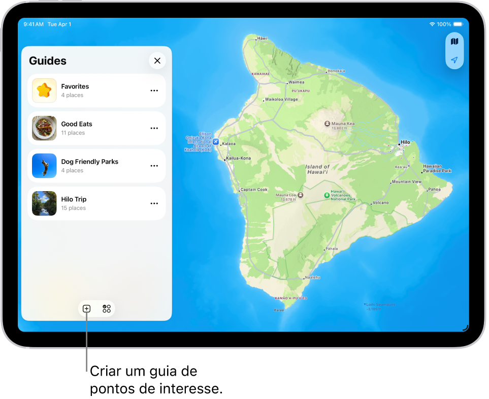 Um guia personalizado criado na aplicação Mapas no iPad com uma lista de lugares à esquerda e as respetivas localizações assinaladas no mapa à direita.