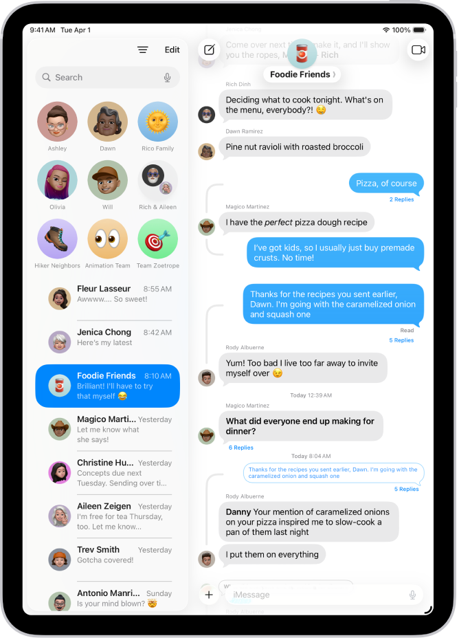 O conversație de grup în aplicația Mesaje.