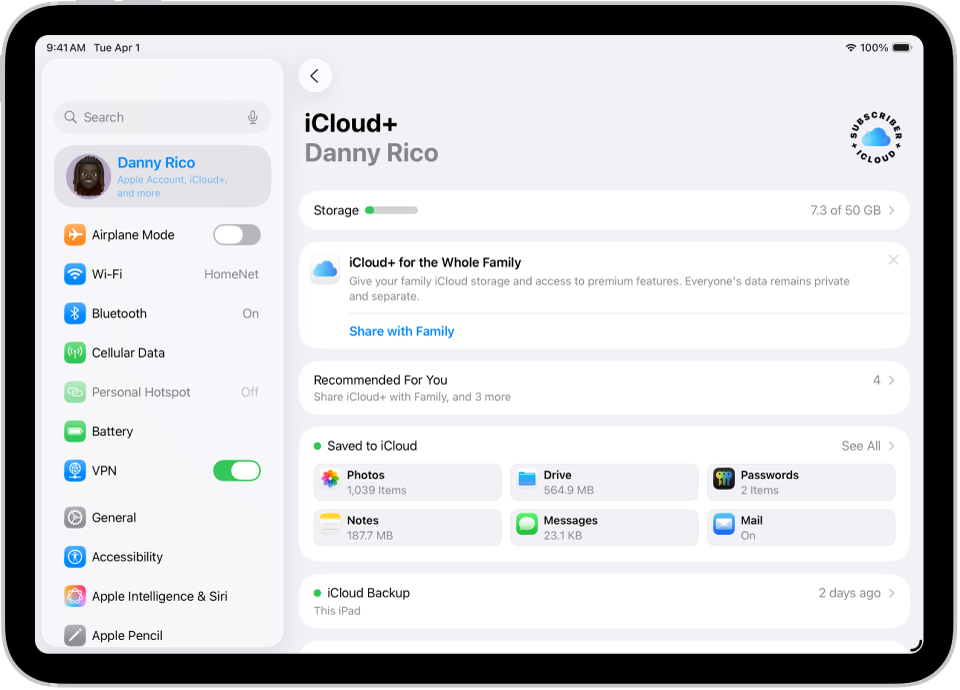 Экран настроек iCloud со счетчиком объема хранилища iCloud и списком приложений и функций, которые можно использовать с iCloud (таких как Фото, iCloud Drive и Почта iCloud).