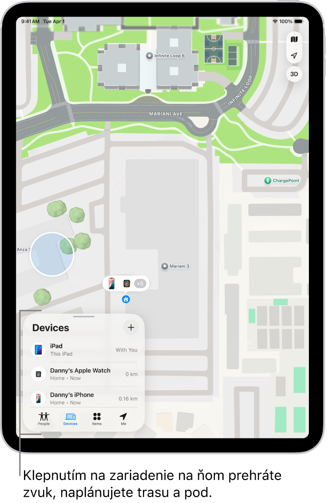 Obrazovka apky Nájsť zobrazujúca viacero zariadení, ktoré zdieľajú svoju polohu.