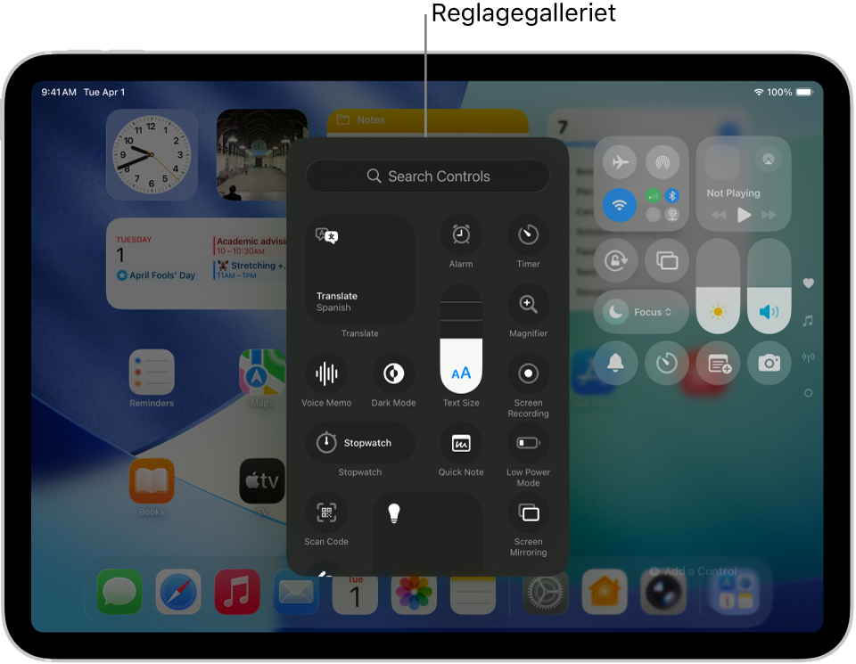 Kontrollcenter i redigeringsläge med reglagegalleriet öppet som visar alla de tillgängliga reglagen.