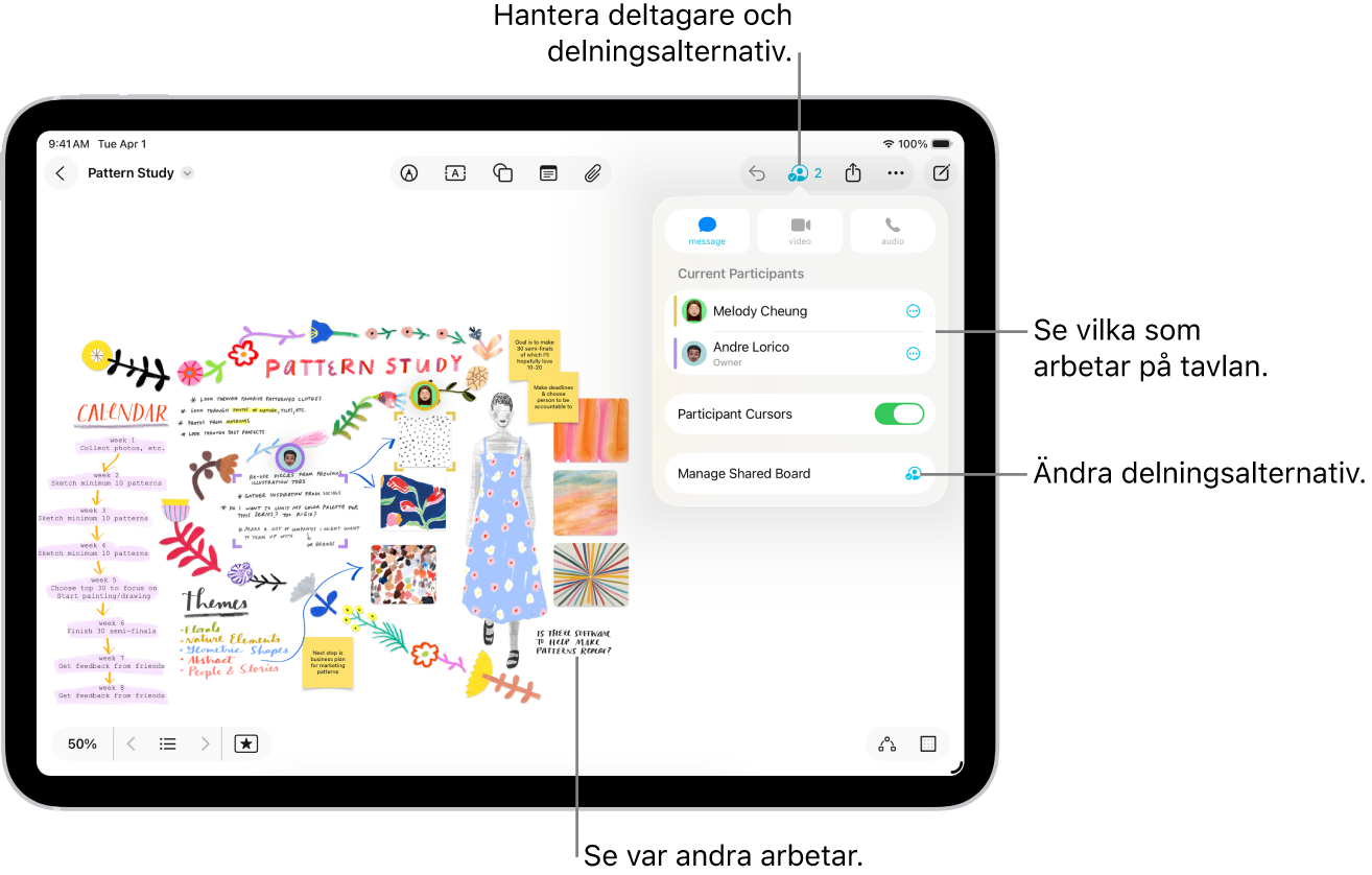 En delad Freeform-tavla med samarbetsmenyn öppen och platsen som andra deltagare på tavlan har markerat med färgade bockmarkeringar.