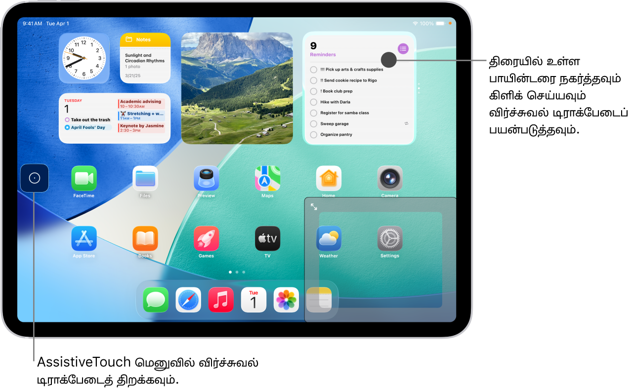 திரையின் மூலையில் விர்ச்சுவல் டிராக்பேடு இருப்பதை iPad காட்டுகிறது. அத்துடன் AssistiveTouch மெனுவும் (டிராக்பேடைத் திறக்கப் பயன்படும் மெனு), பாயின்டரும் (டிராக்பேடால் கட்டுப்படுத்தப்படுவது) திரையில் உள்ளன.