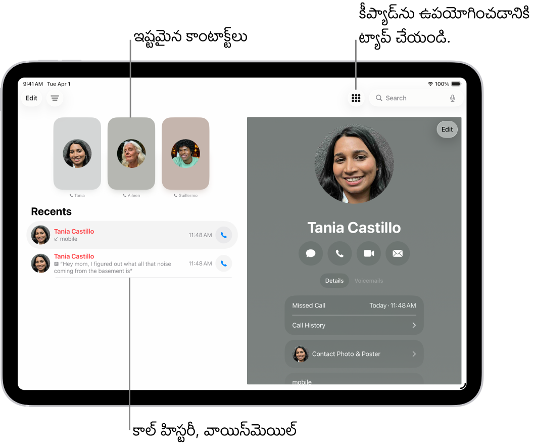 స్క్రీన్ ఎడమ వైపున ఫేవరెట్ కాంటాక్ట్లతో ఉన్న ఫోన్ యాప్. ‘ఇష్టమైనవి’ దిగువన ఇటీవలి కాల్స్, వాయిస్మెయిల్ జాబితా ఉంటుంది. కాంటాక్ట్ సమాచారం స్క్రీన్ కుడి వైపున కనిపిస్తుంది, కీప్యాడ్ బటన్ స్క్రీన్ కుడి ఎగువ భాగంలో ఉంటుంది.