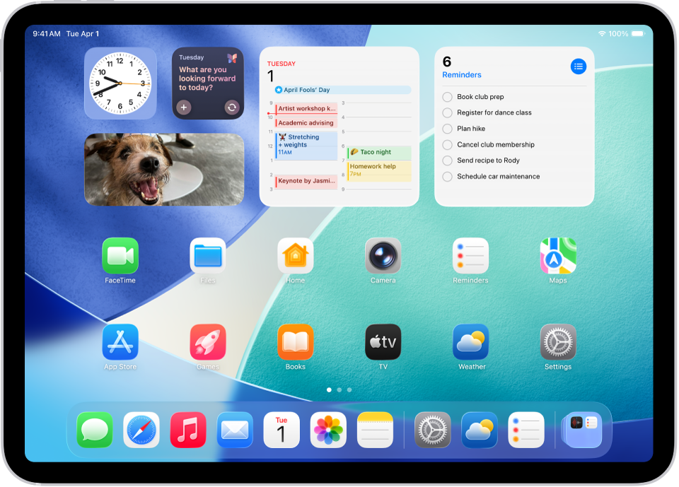 iPad హోమ్ స్క్రీన్ ఉదాహరణను చూపుతున్న స్క్రీన్షాట్.