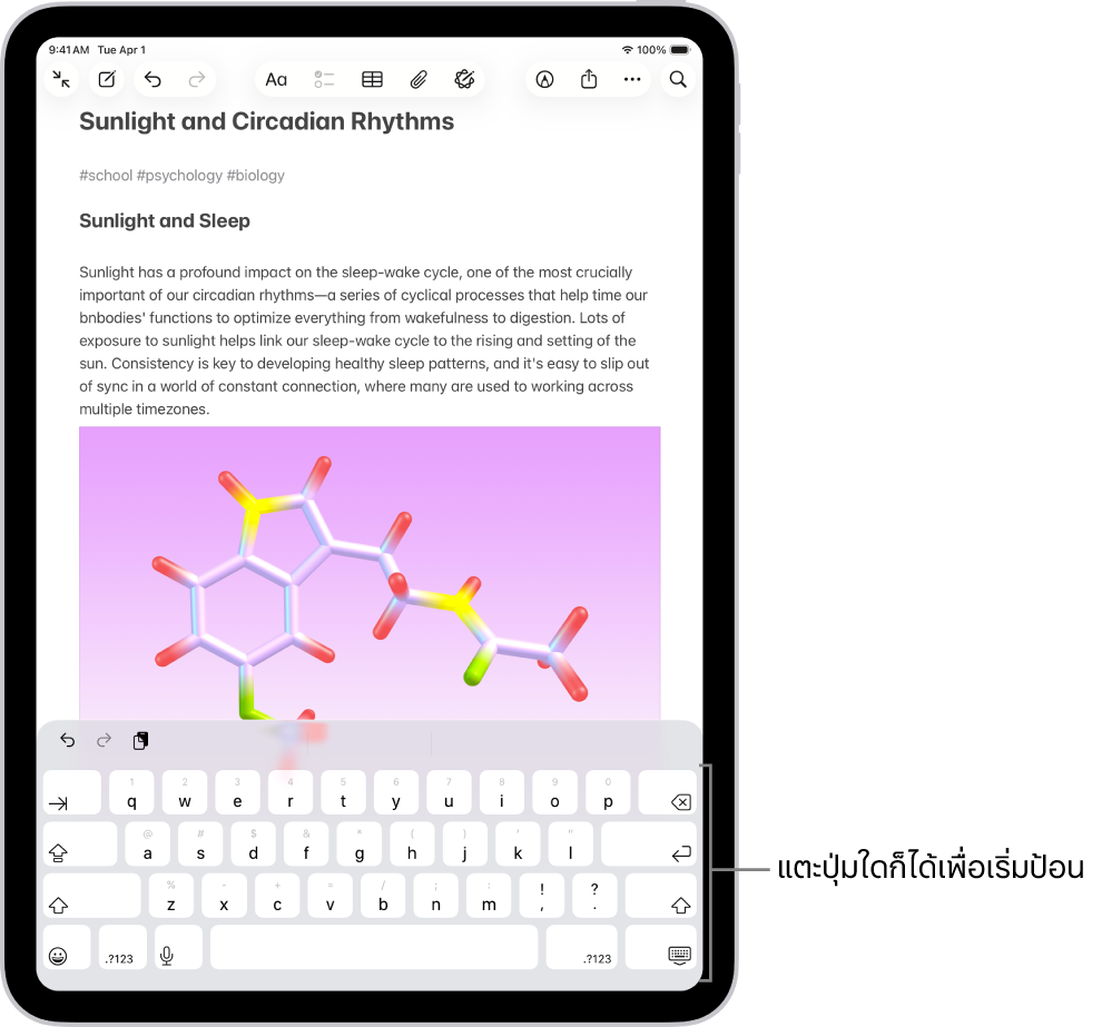 เอกสารเปิดอยู่ในแอปโน้ต แป้นพิมพ์บนหน้าจออยู่ในบริเวณครึ่งล่างของหน้าจอ