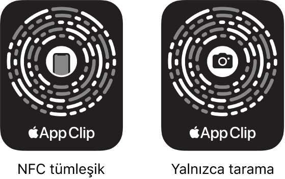Sol tarafta, ortada bir iPhone simgesiyle NFC tümleşik bir uygulama parçacığı kodu. Sağ tarafta, ortada bir kamera simgesiyle yalnızca tarama için bir uygulama parçacığı kodu.