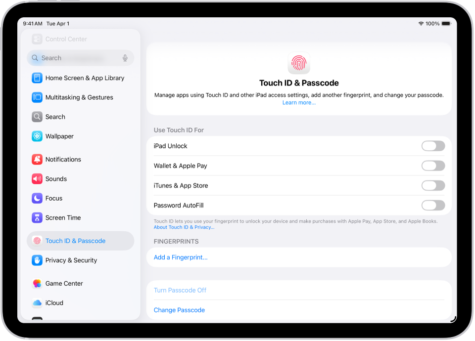 Екран, на якому відображено параметри для «Touch ID і код допуску» й опціями для додавання відбитка пальця та ввімкнення коду допуску.
