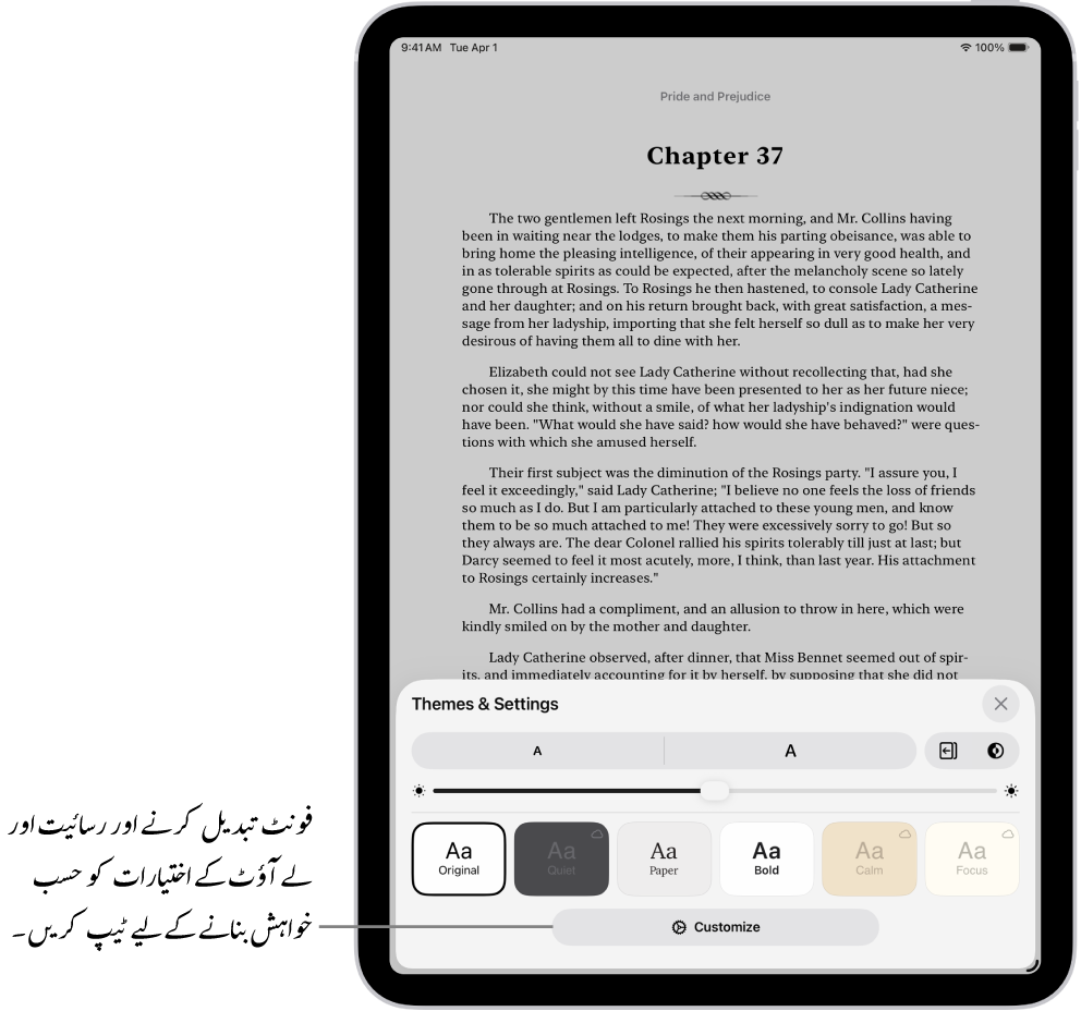 کتاب ایپ میں کتاب کا صفحہ۔ فونٹ سائز، اسکرولنگ ویو،صفحہ پلٹنے کا اسٹائل، برائٹنس اور فونٹ اسٹائل کے کنٹرول دکھانے والے تھیم اور سیٹنگ کے اختیارات۔